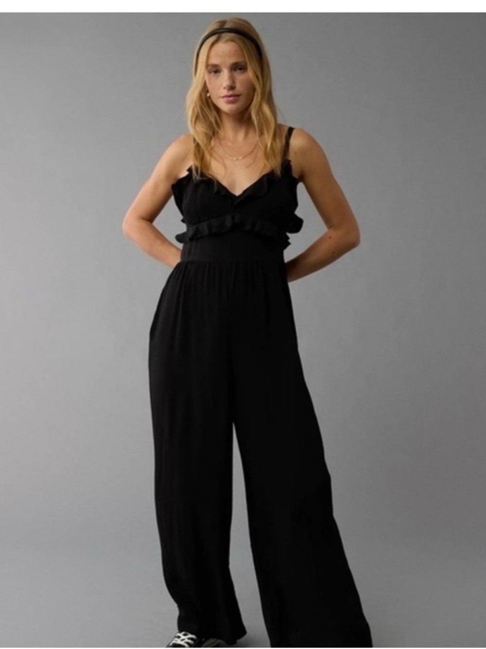 American Eagle Outfitters Black Ruffle Wide Leg Jumpsuit
